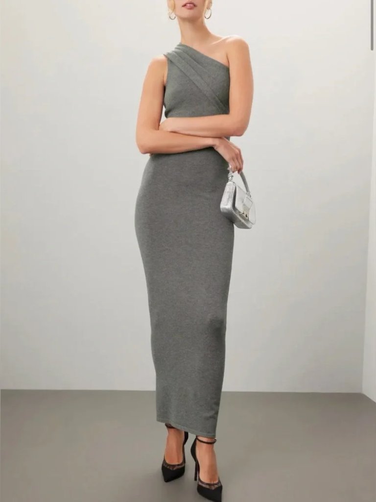 Ronny Kobo Bree Maxi Dress Luxe Jersey Knit Bodycon One Shoulder Charcoal Gray M